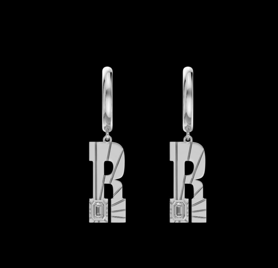 Ray of Light Silver Initial Hoops Single Letter&quot; R&quot;