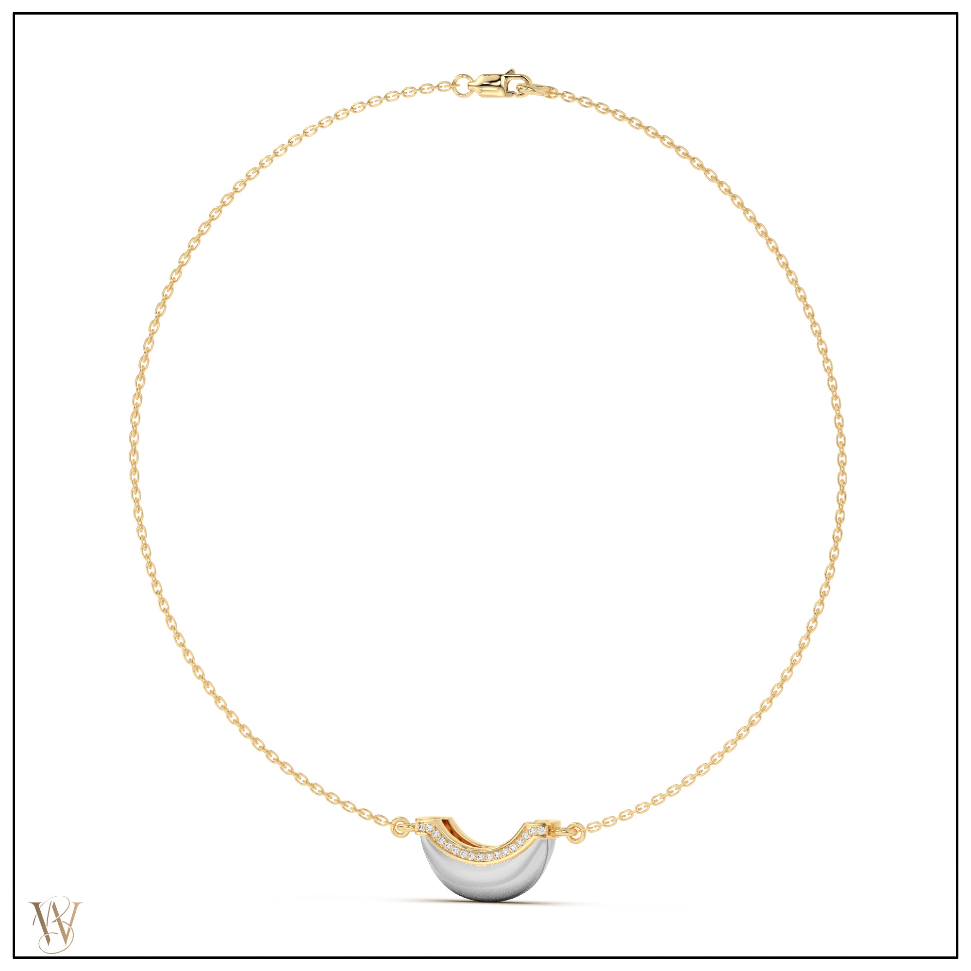 Luna Mini Necklace - White &amp; Yellow Gold with Diamond Pave Detail