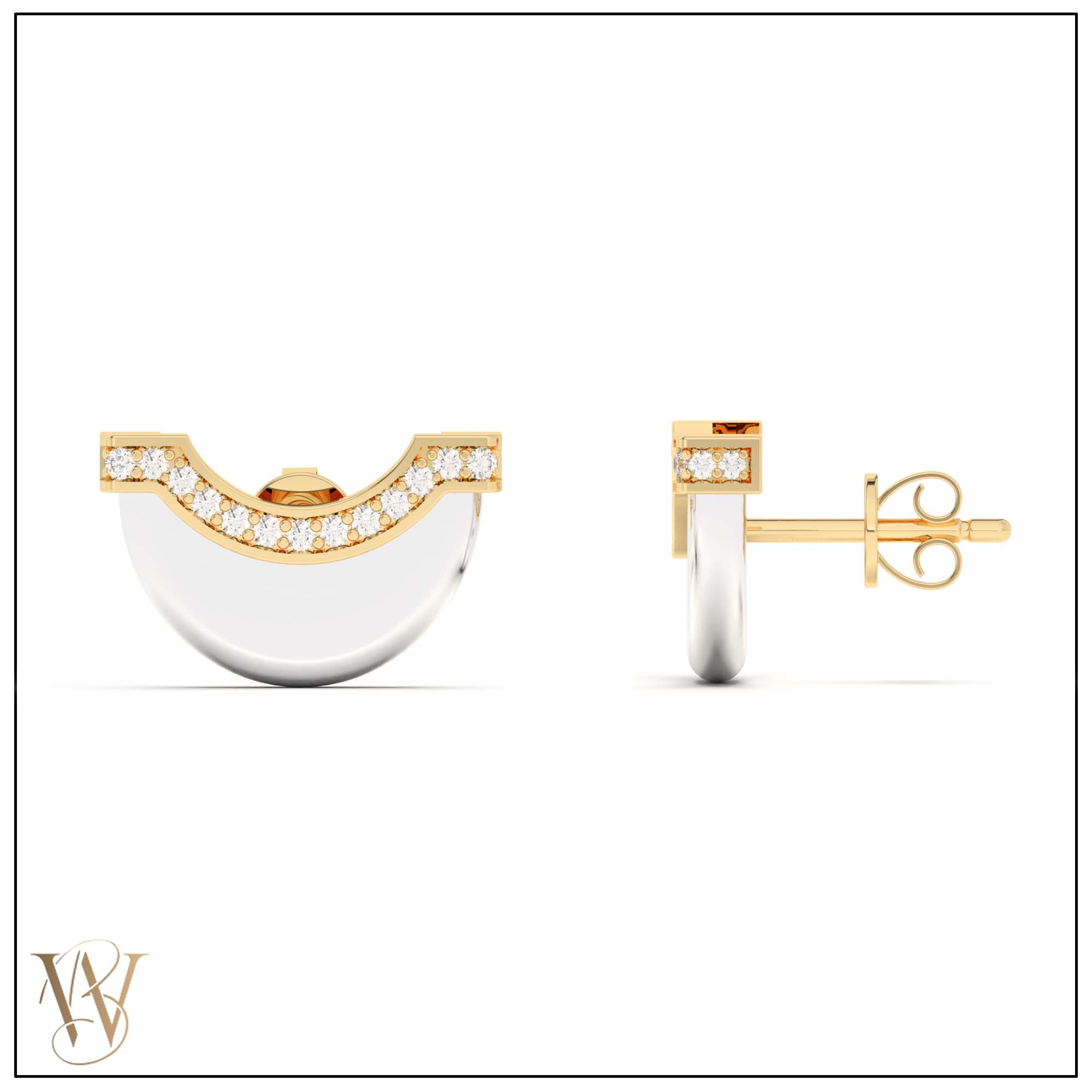 Luna Stud - White &amp; Yellow Gold with Diamond Pave Detail